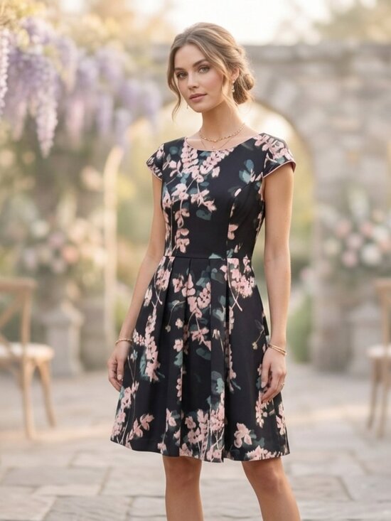 Adrianna Papell Dresses & Skirts - ADRIANNA PAPELL Fit & Flare Midi Dress Cap Sleeve Pleated Black Abstract Floral